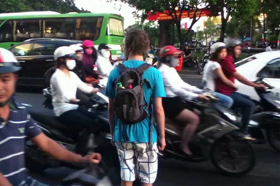 Crossing the road in Vietnam