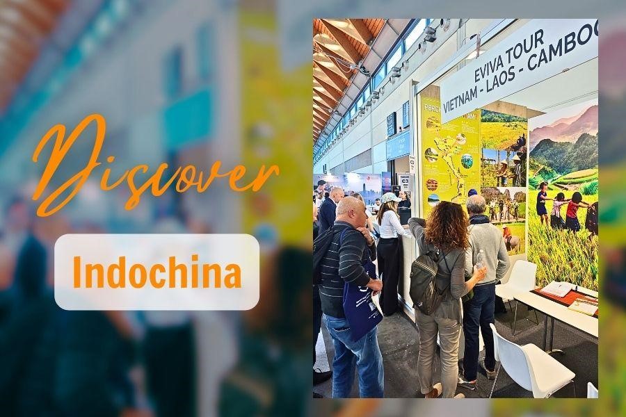 Visitors exploring Eviva’s booth to discover unique travel experiences across Indochina